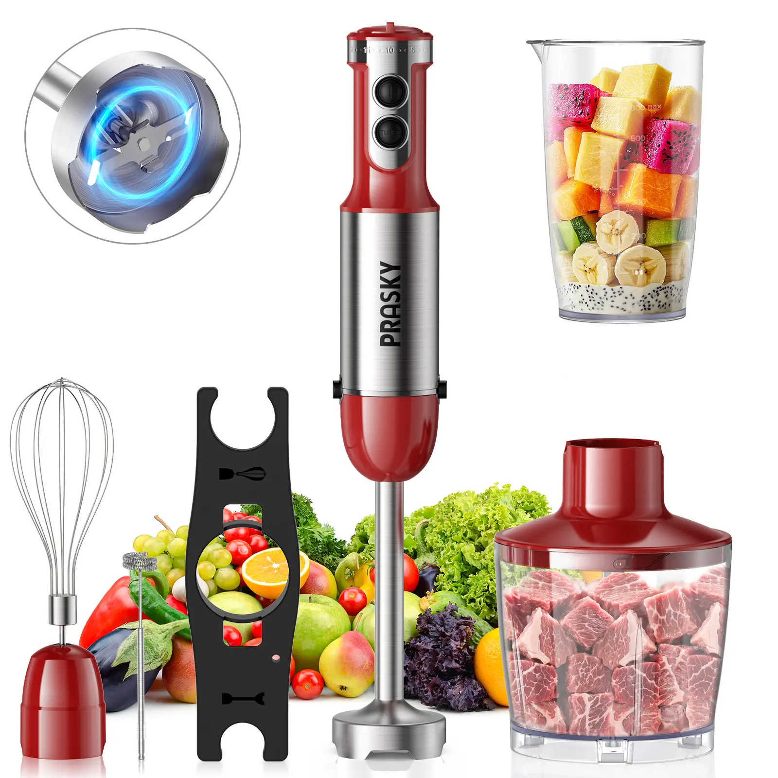 PRASKY Immersion Hand Blender Set,20 Speed & Turbo Mode Hand Held Blender, 1200w Powerful Motor,Milk Frother Wand, Whisk, 600ml Beaker, 500ml Chopper,Frother and Stick Blender for Soup, Smoothie, Puree, Baby Food