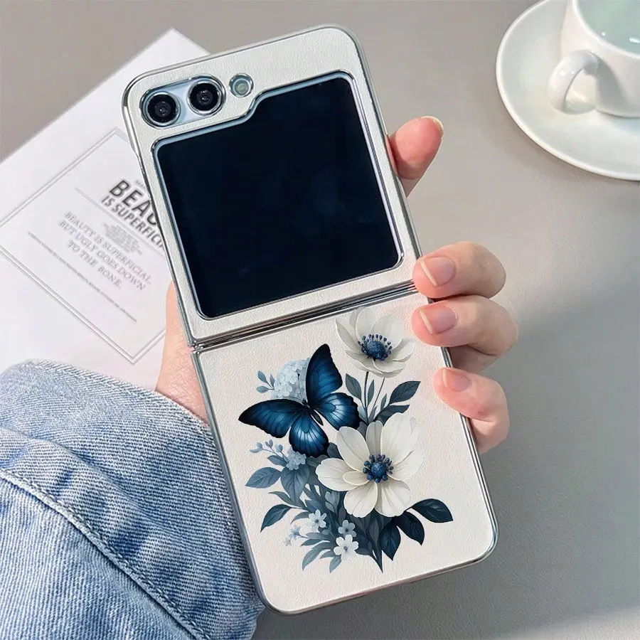 Blue and White Flower & Butterfly Mobile Phone Case Accessory for Samsung Galaxy Flip 6, Flip 5, Fold 6, Fold 5, Moto Razr 50, Razr 60, Accessories