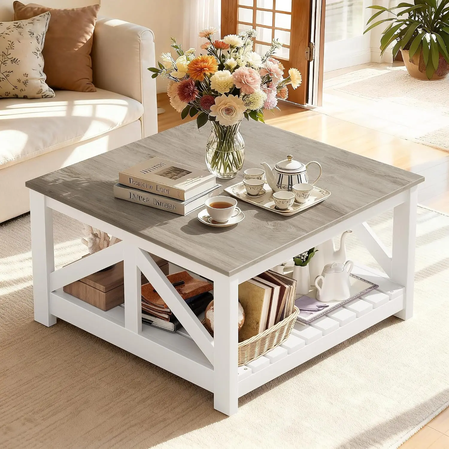 Furmax 31.5" Square Farmhouse Coffee Table, Gray Wash Cocktail Table with Arrow Base & Anti-Roll Storage Shelf for Living Room