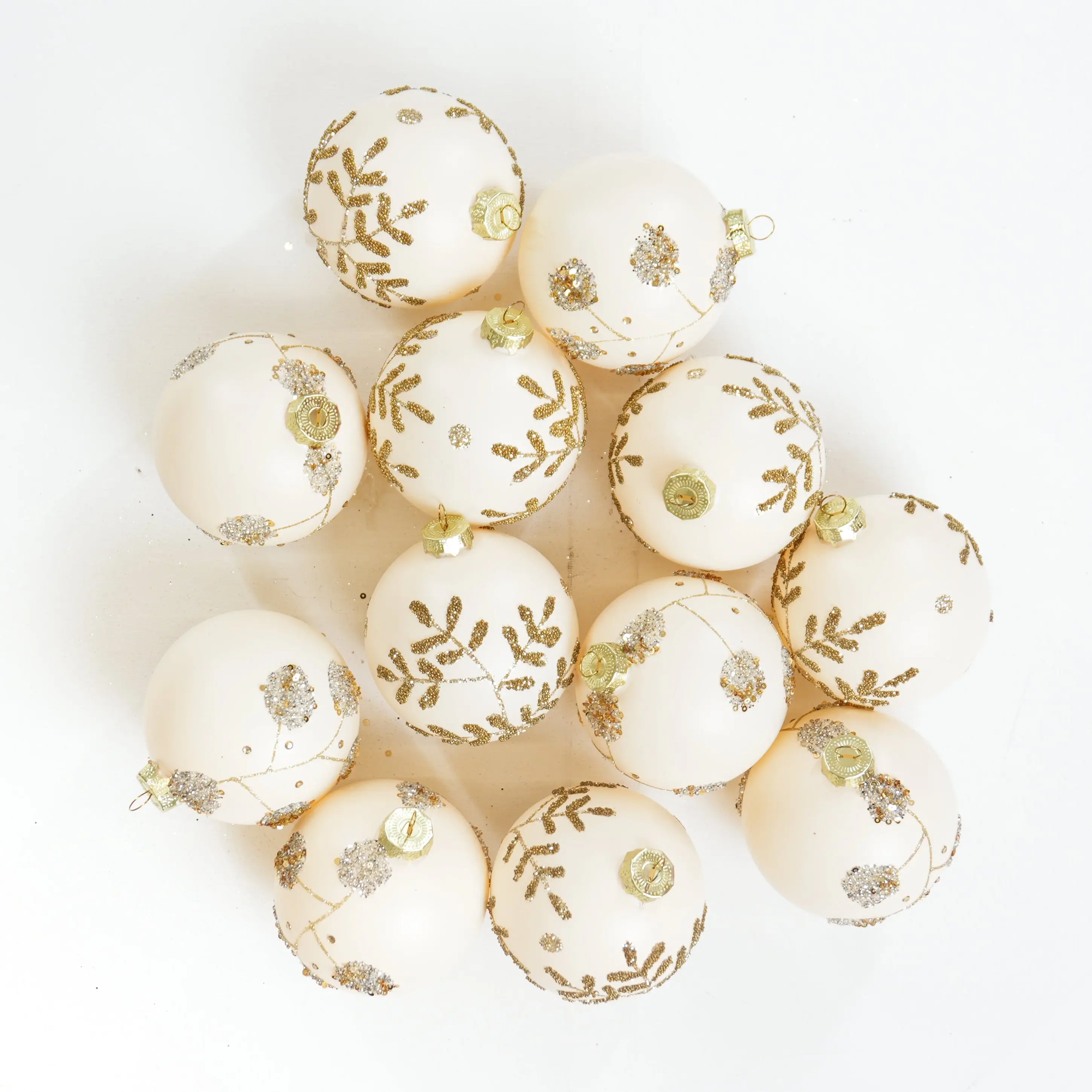 4" Cream & Gold Glass Ball Ornament Assorted Set Of 12
