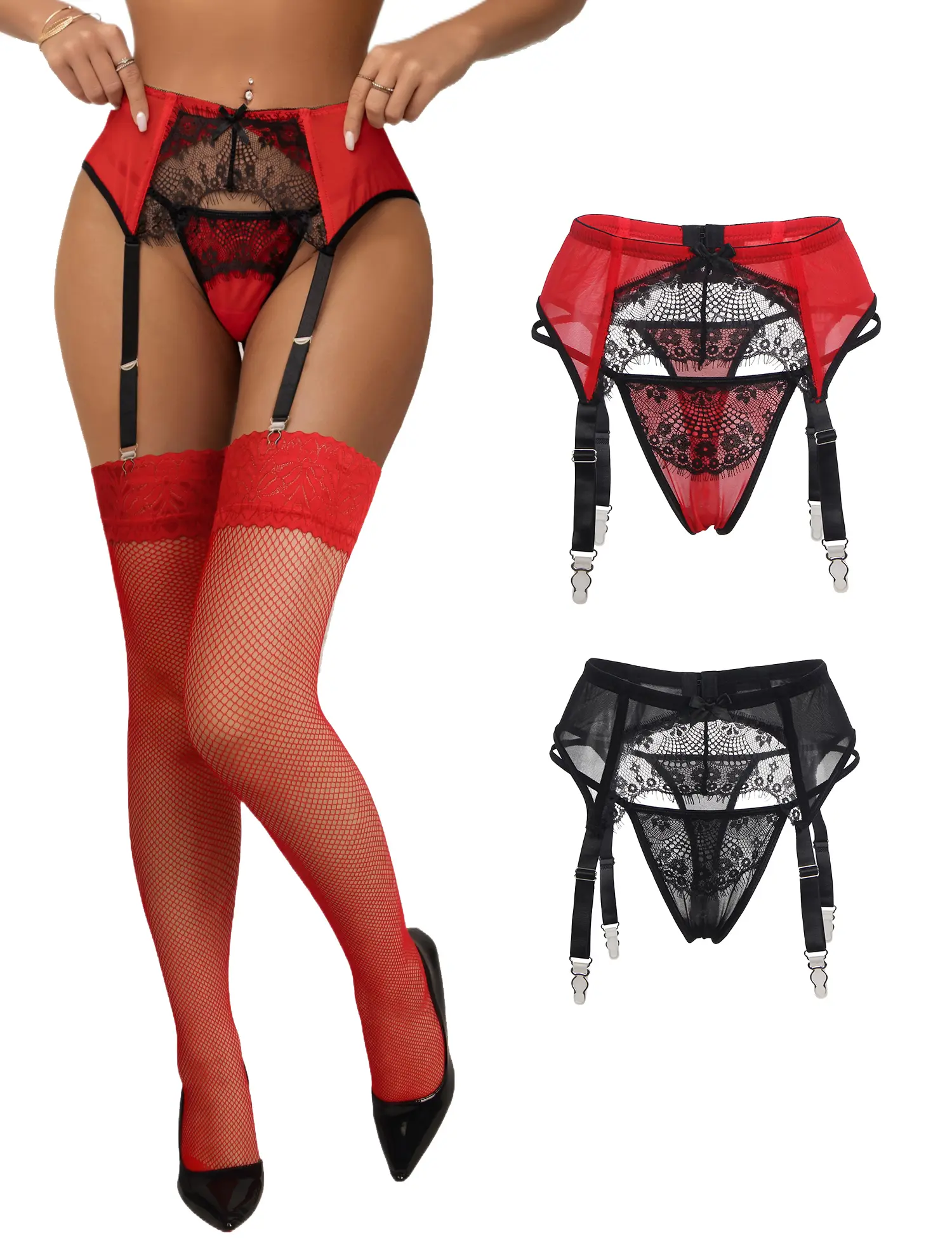 OHYEAH Women's Plus Size Lace Garter Belt Lingerie Set - 4 Vintage Straps with Clips, Sheer Lace Halter Panty, Hook-and-Bar Closure, Suspender Belt for Thigh Highs, S-XXL (Plus Size Lingerie)