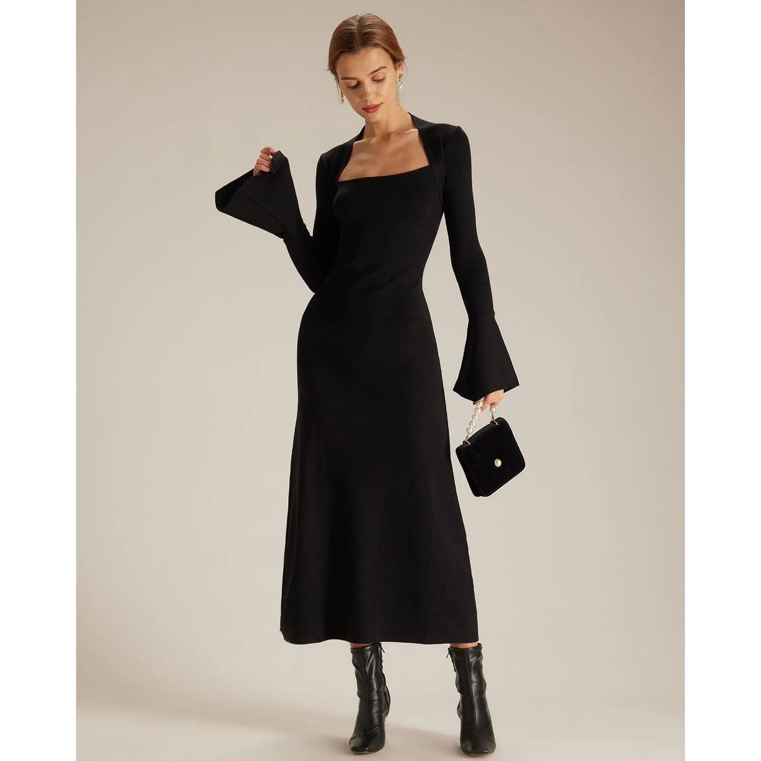 Rihoas Women's Black Square Neck Flare Long Sleeve Polyester Viscose Bodycon Midi Dress Slim, Elegant, Classy, Feminine Fit, Breathable, Comfortable Dark Casual Dresses for Formal & Casual Occasions