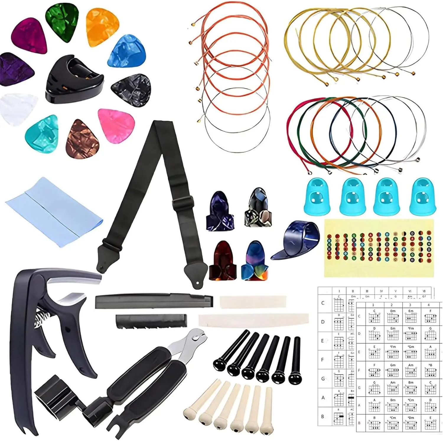 Halloween Fall Gift 60 PCS All-in-One Acoustic Guitar Accessories Kit, Guitar Strings Acoustic 6 String Set with Guitar Capo, 3-in-1 Restring Tool, Guitar Tuner, Guitar Picks, Bridge Pins,Guitar Starter Kit for Beginners