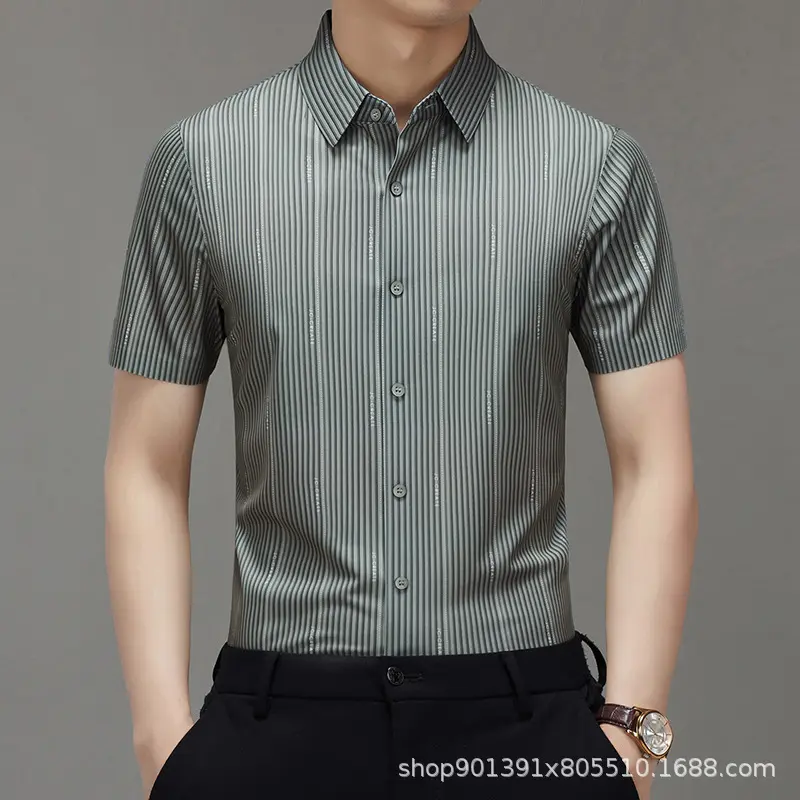 Men's Striped Mulberry Silk Short-Sleeve Collared Neck Shirt - Menswear Cardigan, High-End Versatile Premium Summer Top for Middle-Aged Men