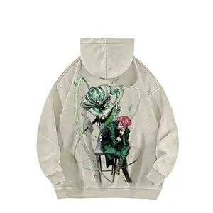 This retro-style American hoodie from *JoJo's Bizarre Adventure* features a print of Noriaki Kakyoin and his Stand, Hierophant Green. — Casual style, cotton material, made in the USA, fashionable streetwear.