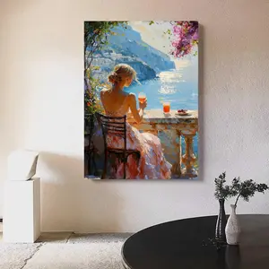 [sale off up to 40%] [Frame Canvas] Coastal View Relaxation, Woman in Summer Dress Canvas, Mediterranean Sea Landscape, - Large Canvas Wall Art, Oversized Statement Piece