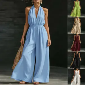Women’s Halter V-Neck Wide Leg Jumpsuit – Elegant Summer Romper, Casual French Style Vacation Outfit, Office Lady Commuter Outfit.