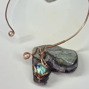 Crystal & Wire Collar Torque Necklace with Pendant, Each Uniquely Designed