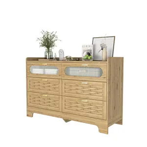 6-Drawer Modern Woven Grain Wood Dresser with Ball Bearings, MDF Boards & Spacious Tabletop - Multi-Functional Indoor Cabinet for Bedroom, Nursery - Buffet Sideboard, Closet Storage, Assembly Required