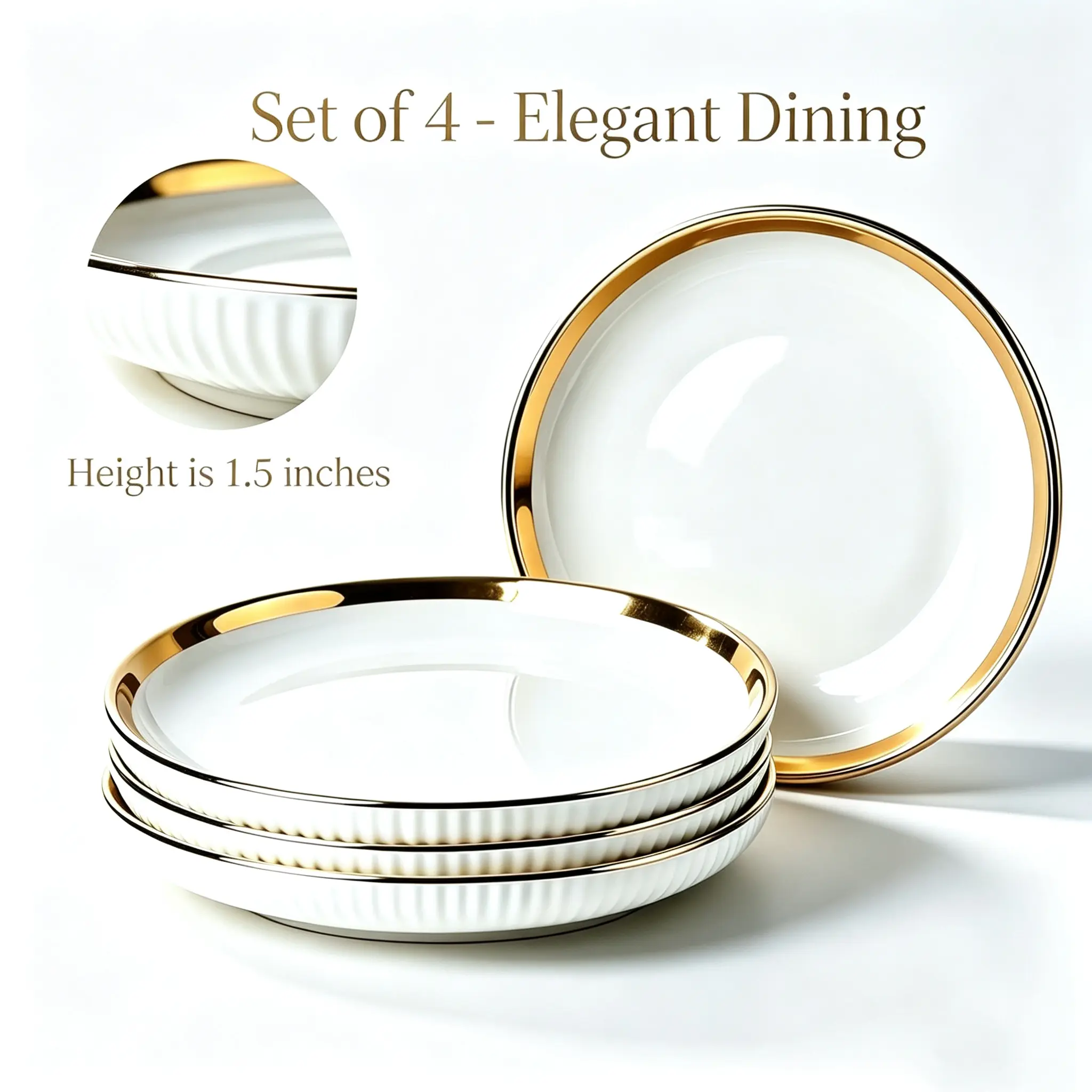 4-pack 9-inch light luxury gold edged vertical patterned ceramic dining plate, milky white relief disc breakfast steak salad plate, home dining hotel plate tableware set Plates