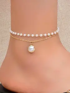 Women's Elegant Faux Pearl Decorated Dainty Layered Anklet, Exquisite Trendy Anklet, Fashionable Body Jewelry for Women & Girls