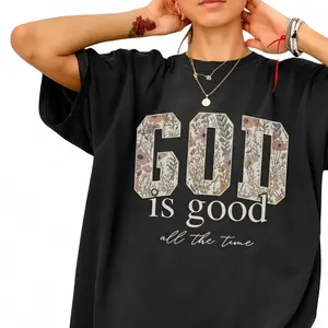 Women's Short-Sleeve Christian Teddy Top - Comfort Colors Casual Fashion Round Neck Religious Bible Verse Tee, "God Is Good" Summer Gift Sport & Outdoor Top