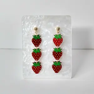 #176 Triple Red Pearlescent Strawberries with Gold Ball Stud Earrings, Casual, Fruit, Food, Summer, Acrylic