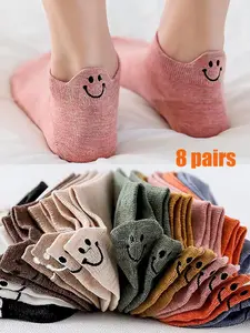 Smiley Face Drawstring Socks, 8 Pairs, Bamboo Fiber Material, Natural, Unisex Low-Cut, Cute Smiley Print, Casual Trendy Short Socks