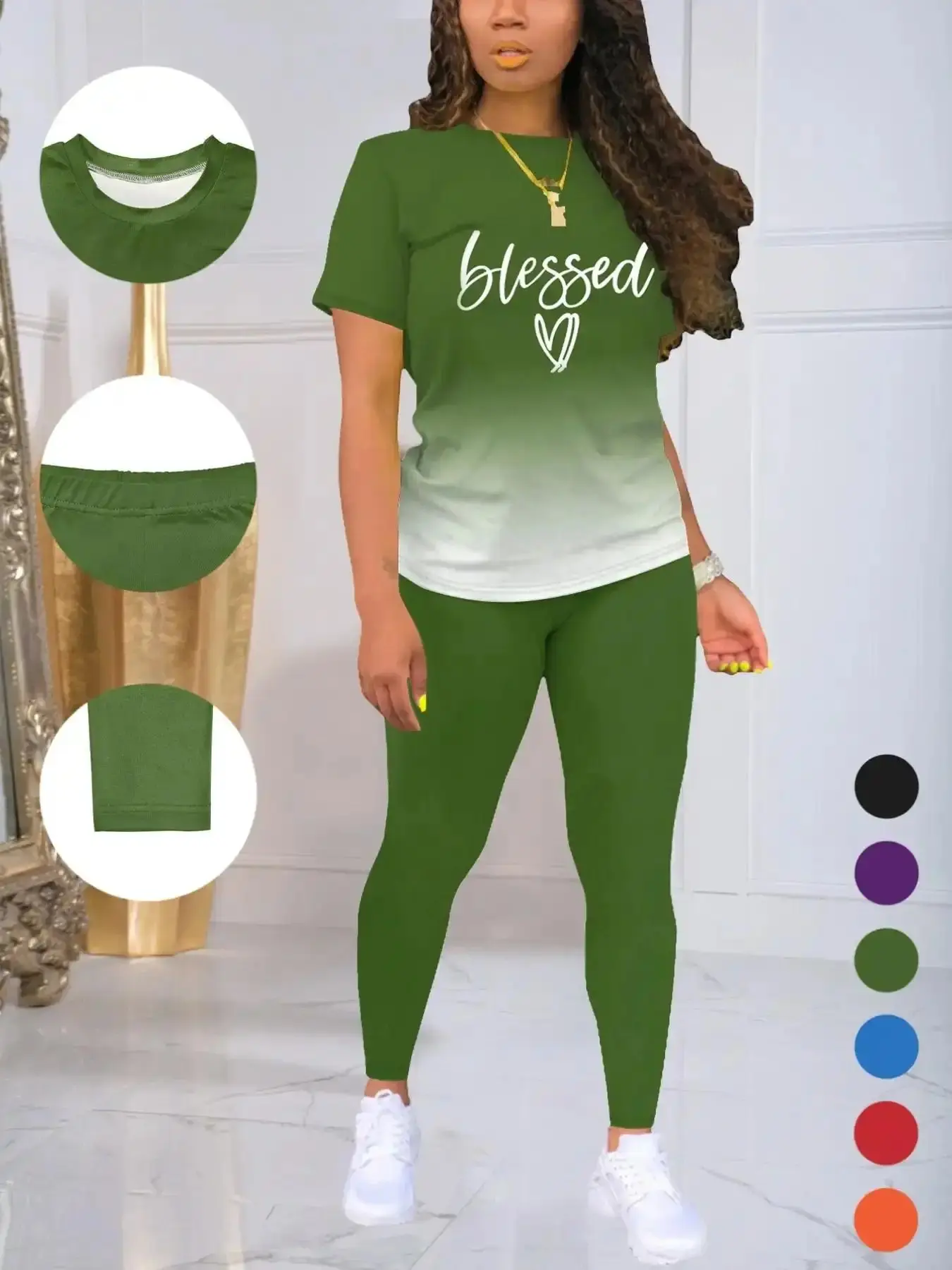 Women's Ombre Letter Print Tee & Skinny Pants Set, Stretchy Outfit Sets Casual Womenswear Short Sleeve Round Neck T-Shirt Trousers For Daily Wear, Ladies Fitted Two Piece Outfits All Seasons refined summer shorts weekend