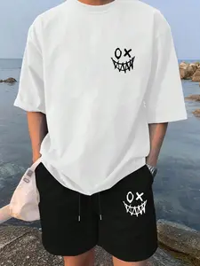 Two-Piece Set Men's Smile Face Print Tee & Shorts Set, Regular Fit Casual Round Neck Short Sleeve T-shirt & Track Shorts, Men's Summer Clothes