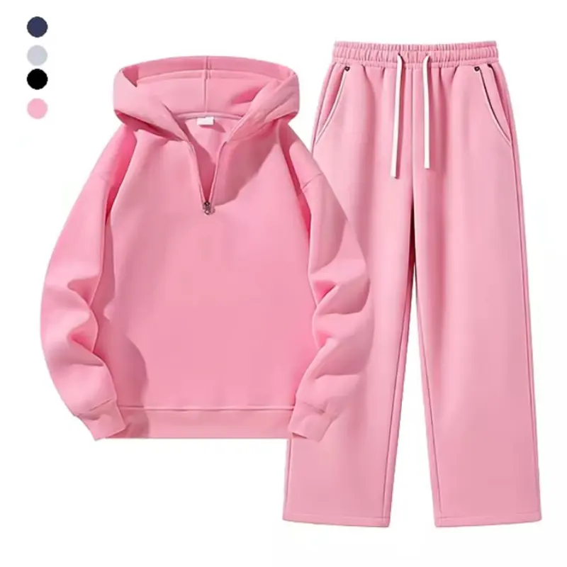 Men's 2-Piece Unisex Fleece-Lined Hooded Sweatshirt Set, Half-Zip Hoodie & Drawstring Elastic-Waist Straight-Leg Pants, Relaxed Soft Fabric, Warm for Autumn-Winter Everyday Wear