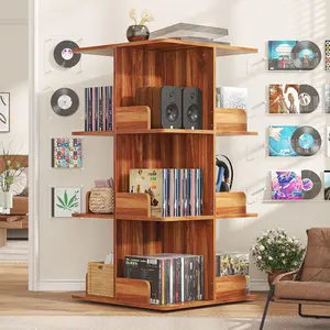 4 Tier Record Player Stand, 360°Rotating Record Player Stand, Large Record Player Table Cabinet with Open Vinyl Storage & Display Shelf, Record Storage Turntable Stand for Living Room