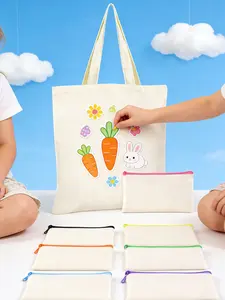 Large Capacity Blank Canvas Tote Bag Set with Colorful Zipper Pouches, Minimalist Ramadan Eid Islamic Festival Gift Bags, Custom Bag
