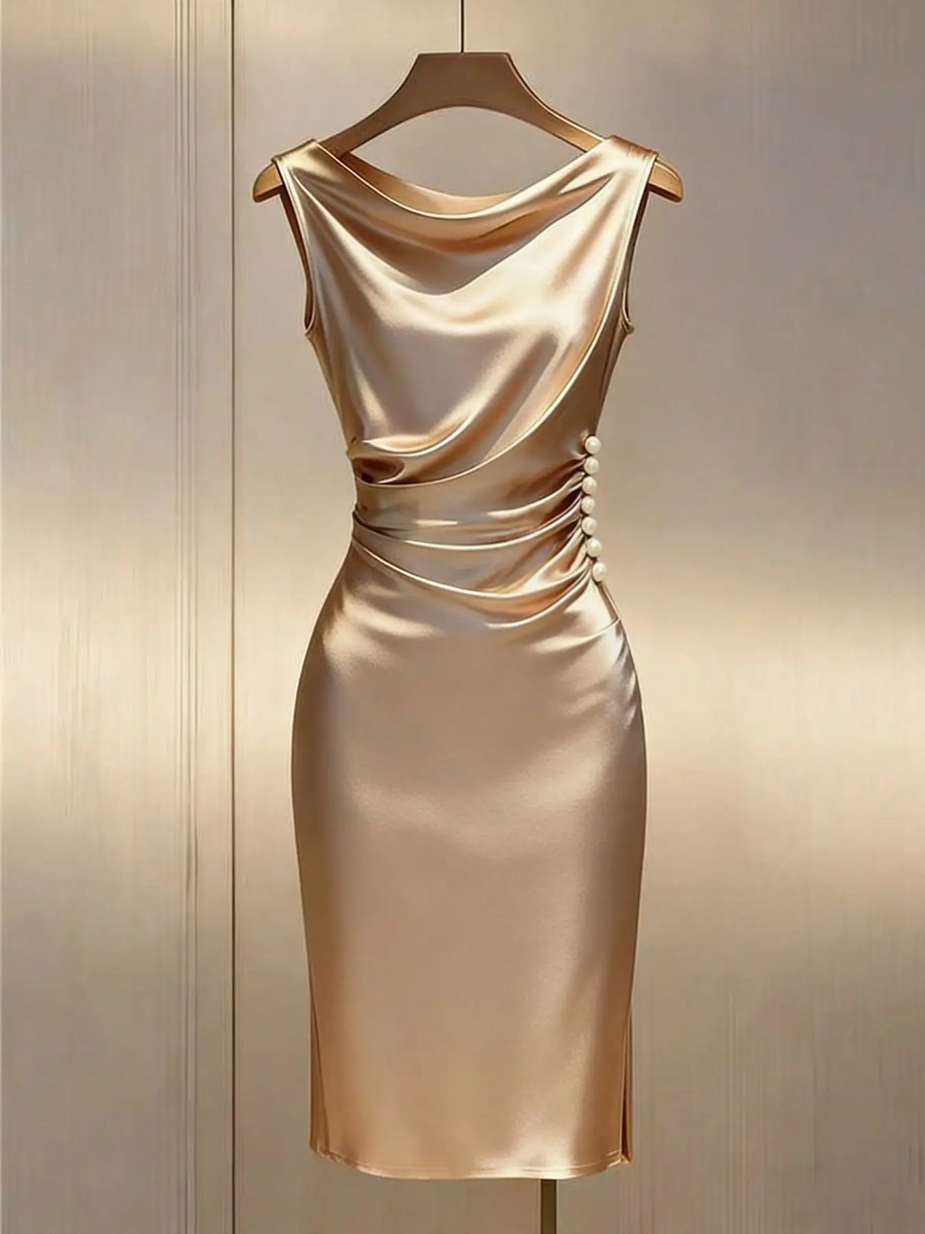 French Luxury Chic Champagne Satin Pearl Fitted Dress, V-Neck Waist-Cinch A-Line Midi Dress, Perfect for Formal Wear, Birthday Parties, Vacations, Elegant Gatherings