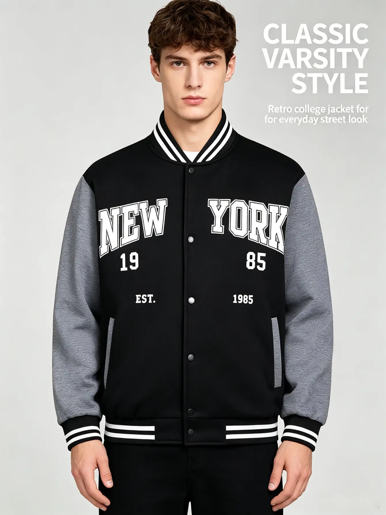 New York Letter Print Baseball Jacket for Men, Vintage Street Style with Color-Blocked Panels