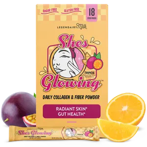 She’s Glowing – Collagen Peptides & Prebiotic Fiber Drink – Fine Lines, Wrinkles & Gut Support – Legendairy Milk – VERISOL Collagen Peptides – Solnul Prebiotic Fiber – 18 Stick Packs