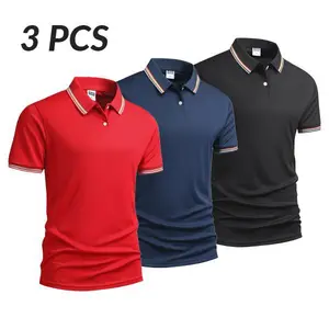Men's 3-Pack Multi-Color Short-Sleeve Polo Shirt Set, Striped Trim Collar Slim-Fit Tops for Casual & Everyday Wear