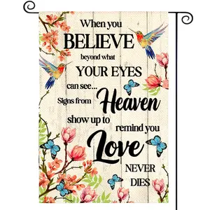 Hummingbird Memorial Garden Flag Double Sided Outside, Love Never Dies Memorial Day Gravesite Saying Spring Yard Outdoor Decoration For Shops Use Remind