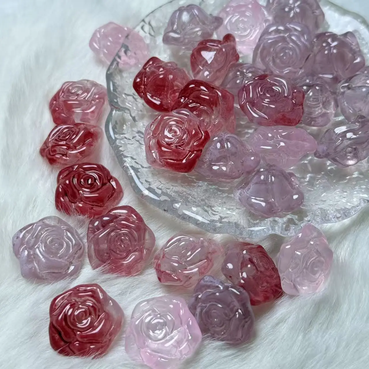 【A172】Pink Large Rose Shape Mixed  Back Hole Glass Beads 75ml