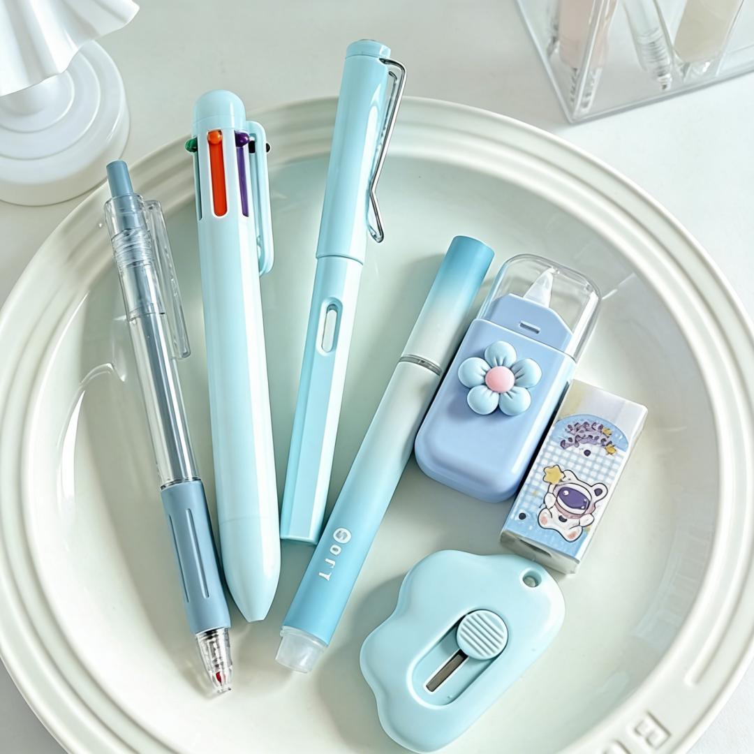 Kawaii Blue Stationery Kit 7 Pcs, Cute School Office Supplies for Kids Teens, Aesthetic Desk Accessories with Multifunction Pen Eternal Pencil Correction Tape, Perfect Back to School Birthday Christmas Gift for Students Teachers