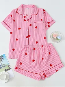 Valentine Striped Heart Print Short Sleeve Shorts Set, Pajama Set, Cute Sleepwear, All Seasons Home Wear, Adorable Loungewear