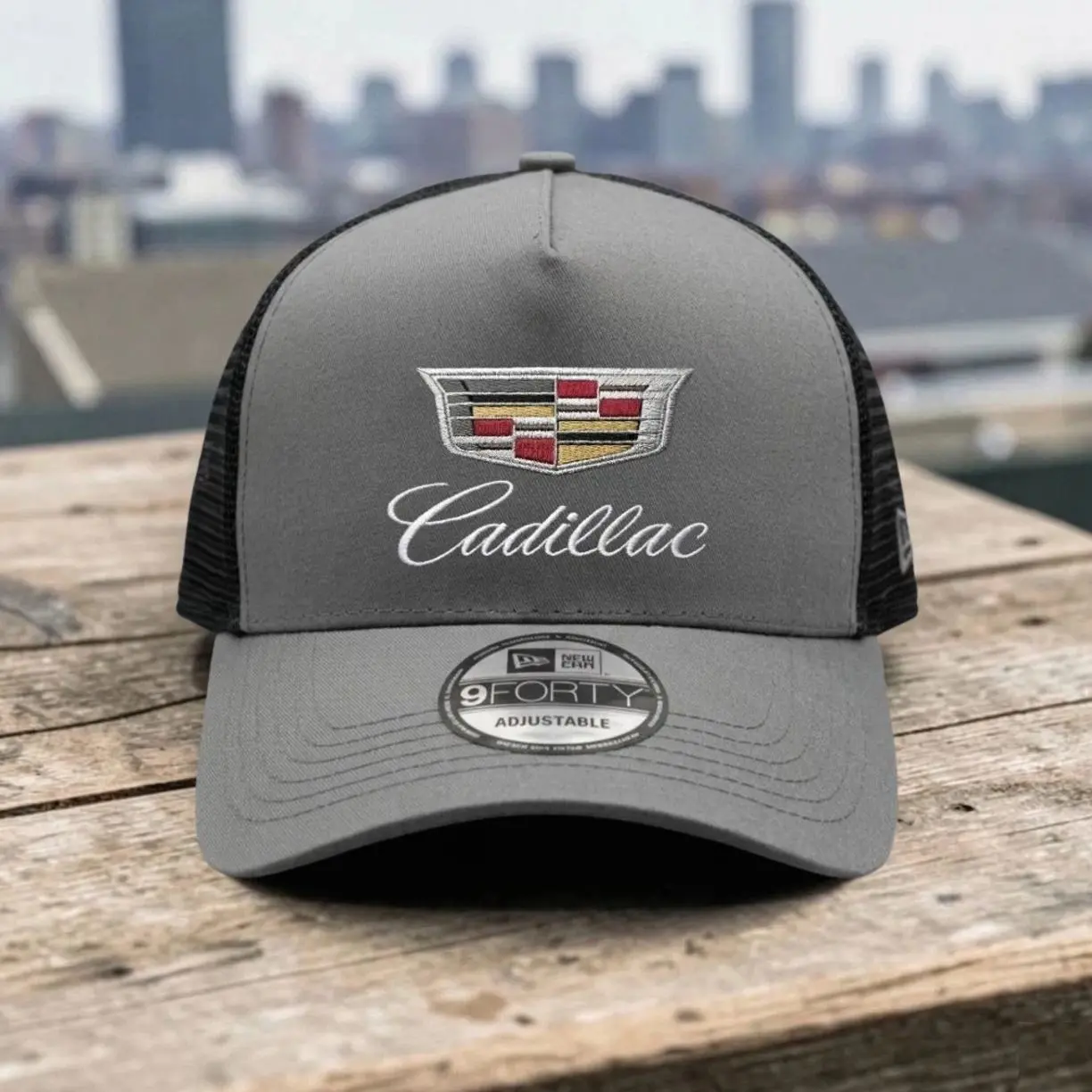 Cadillac Embroidered Logo Trucker Hat Gray Black Mesh Adjustable Cap and Adjustable Fit for Men and Women
