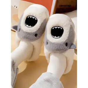 Cartoon Shark Couple Slippers, Thick Sole Warm Comfortable White Winter Shoes, Cute Design for Men & Women, Perfect for Home Wear(Sheets)