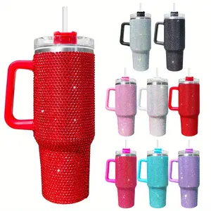 USA warehouse 1 pack/pcs, 40oz luxury bling tumbler with straw, full wrap bling rhinestone tumbler, black purple blue red silver pink rose double wall stainless steel travel mug with handle for cold drinks