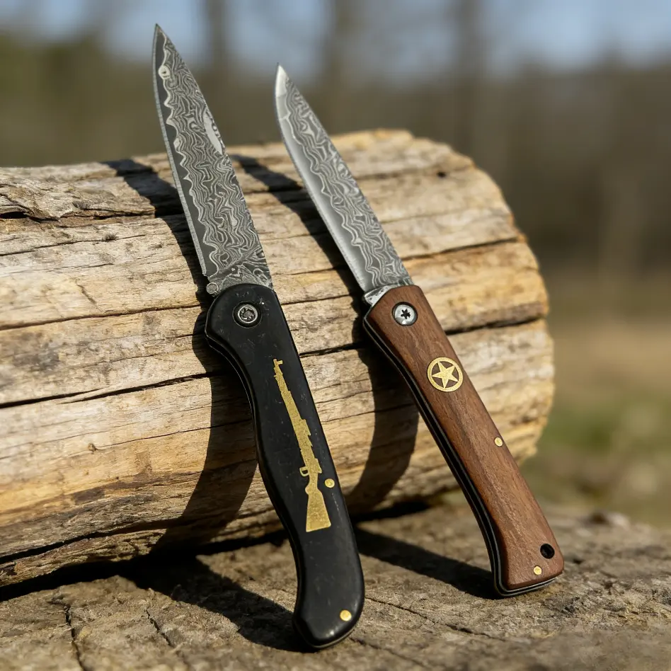 #FathersDayGift Minuteman Defender & HeritageStar Damascus Handmade Pocket Knife - Unboxed Factory EDC Folding Knife, Wood Handle Slip Joint Gentleman Tool for 250th Anniversary.For Outdoor/Cooking/Kitchen/Camping/EDC/Food Prep/Daily Carry