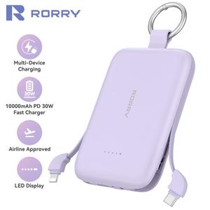RORRY 10000mAh Portable Charger 30W Fast Charging Power Bank with Built-in Type-C & Lighting Cables Travel Keychain Battery Pack for iPhone 17-12 AirPods Android iPad Switch Lightweight Compact Multi Device Charging PD3.0 QC4.0 TikTokShopBlackFrid