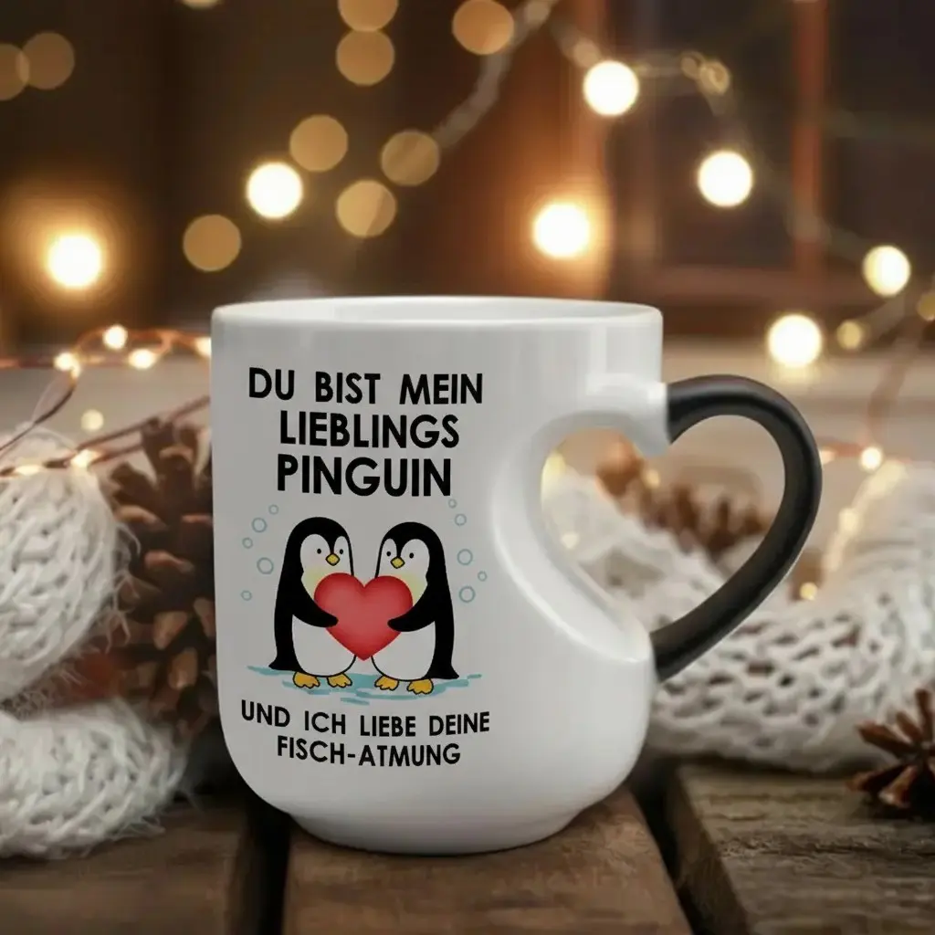 Du Bist Mein Lieblings Pinguin Coffee Mug - Cute German Humor Cup with Heart Handle & Adorable Penguin Graphic, Heartwarming Gift for Couples, Unique Novelty Teacup for Morning Coffee, Ideal for Home & Office Use, 11oz Capacity