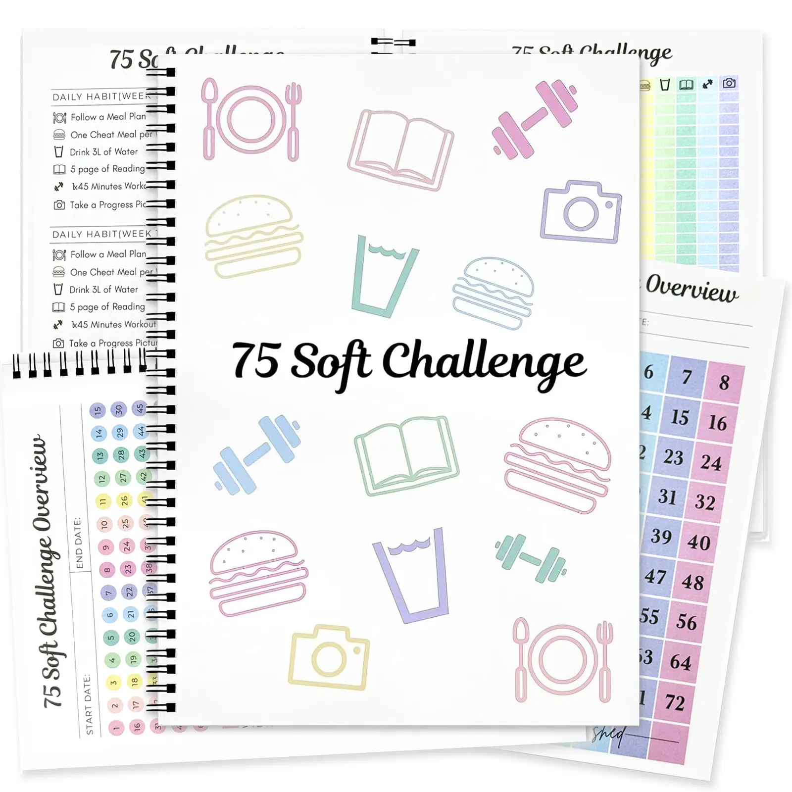75 Soft Challenge Journal Planner - A4 Spiral Notebook for Workouts, Meals, Habit Tracking, Reflecting & Goal Planning, Daily/Weekly/Monthly Productivity Organiser, Office Stationery Supply, Plan Daily Schedule
