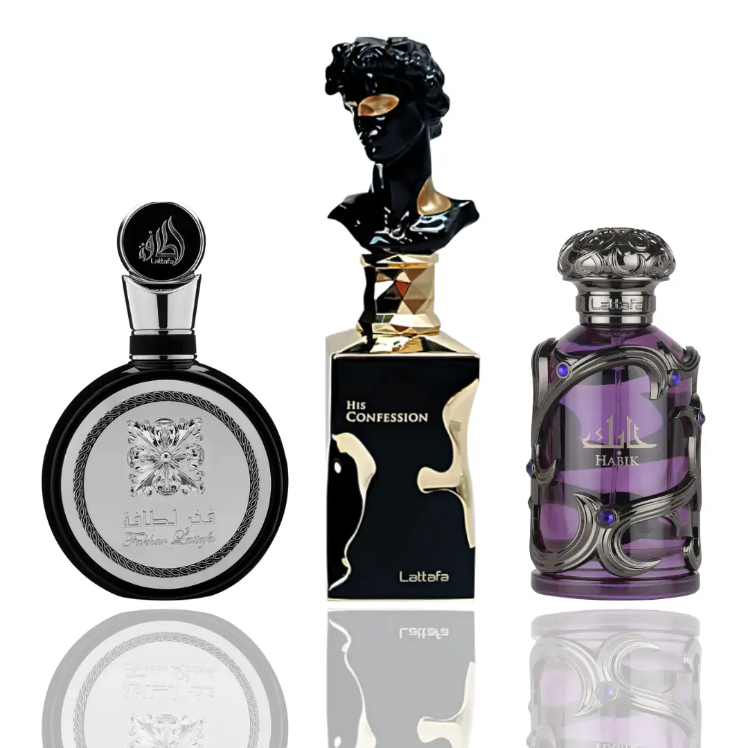 Lattafa Men's EDP Aromatic Woody Arabian Perfumes 3-Bottle Bundle Set - Collectible, Fragrant Iris & Vanille Scented Multi-Pack with Cedarwood, Spices Blend (Fakhar, His Confession, Habik), Arabic Perfumes, Collectible Men's Fragrance
