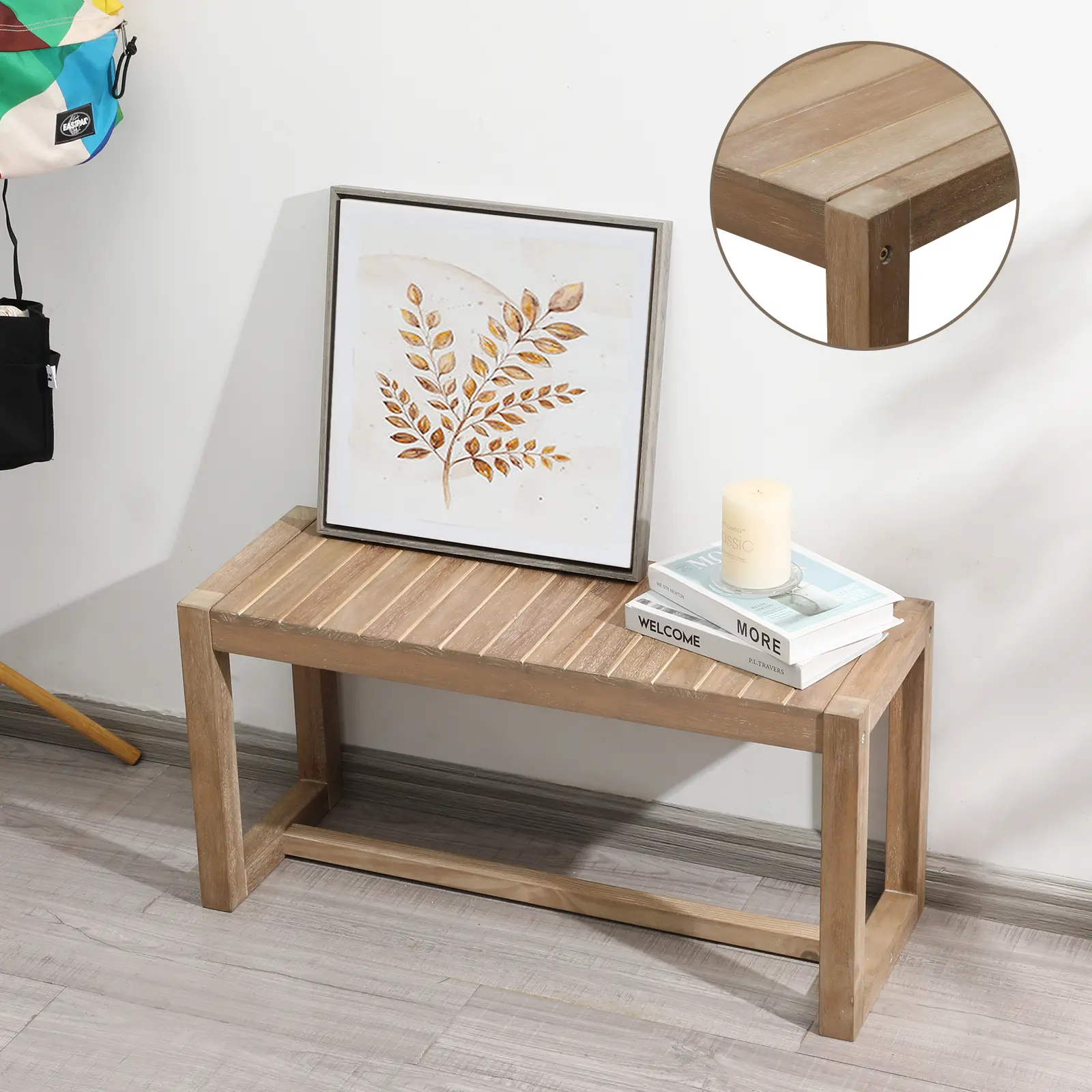 PieDle Furniture Natural Farmhouse Solid Wood Bench, Line-stitched Design, Narrow Bench for Living Room, Dining, Bathroom and Outdoor Use