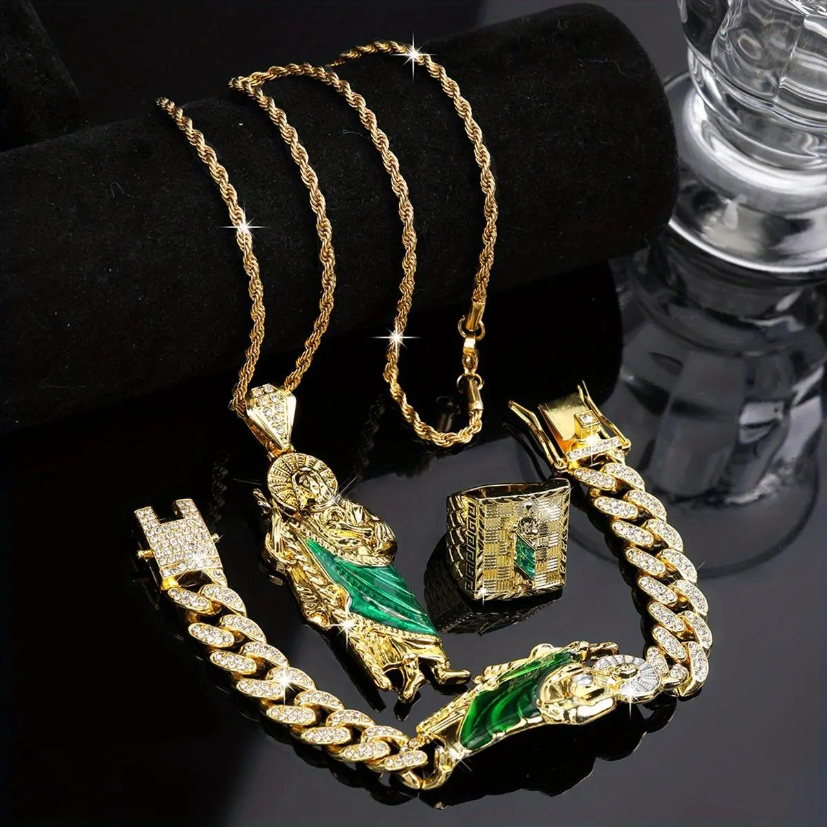 4Pcs San Judas Jewelry Set, Including Pendant Necklace & Bracelet & Ring, Unisex Street-style Jewelry Set Makes A Perfect Holiday Gift