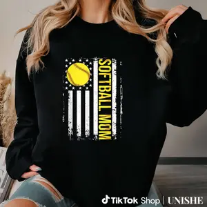 Game Day Look: Softball Mom Sweatshirt Long Sleeve with Vintage American Flag Print