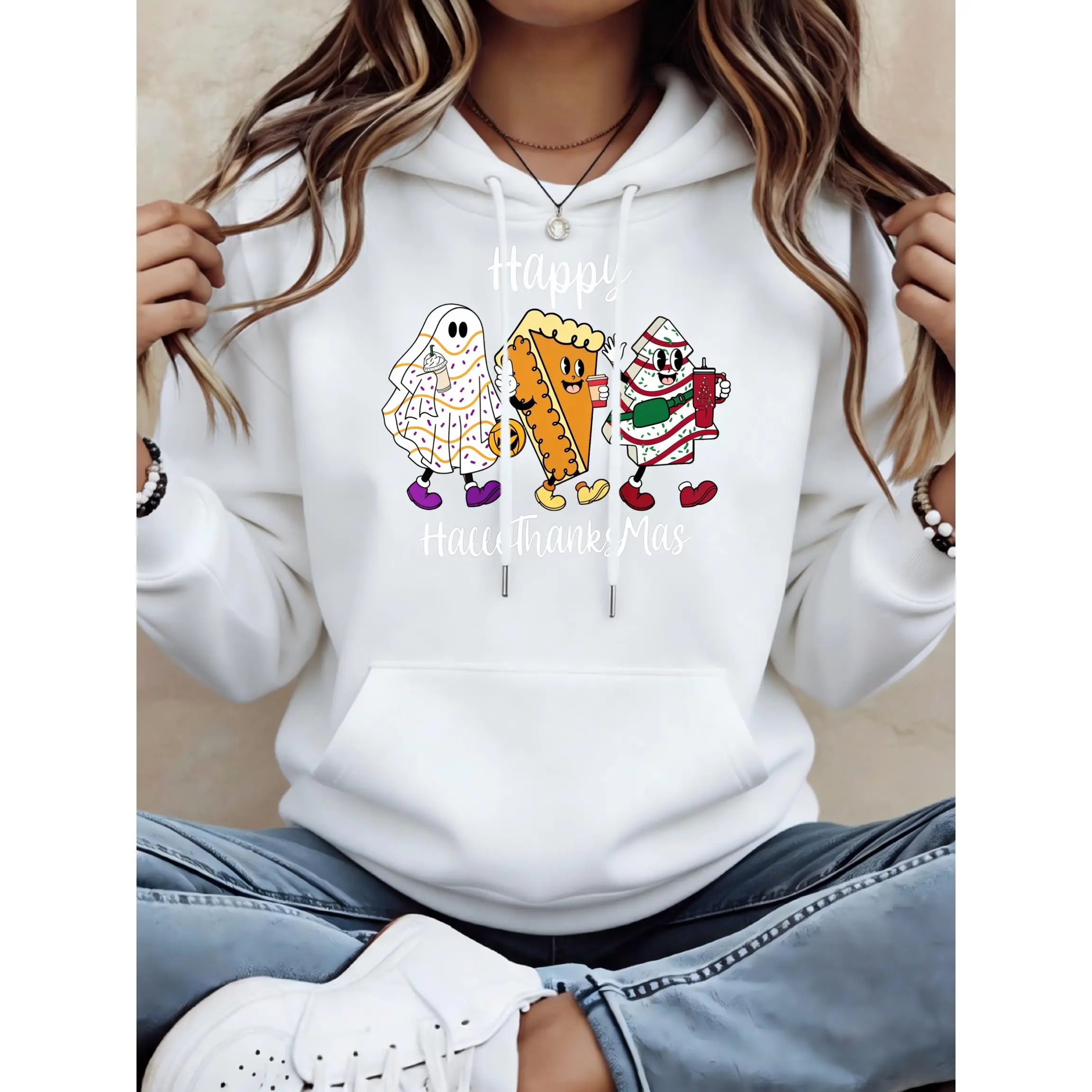 Women's Happy Hacci Thanks Mas Cartoon Unisex Oversized Hoodie | Soft Breathable Cotton Blend Pullover | Trendy Cozy Loungewear & Streetwear For Daily, Gym, Travel & Fall Vibes