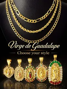 14k Virgen de Guadalupe Religious Pendant CZ Diamond Figaro Link Necklace Rope Chain Jewelry 18"- 24"