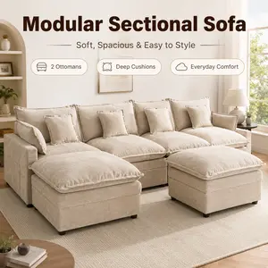 108 Inch U-Shaped Modular Sectional Sofa Couch, Chenille Deep Seat Sofa with 2 Movable Ottomans and 5 Pillows, Comfy 5-Seater Lounge Couch for Living Room, Bedroom, Apartment