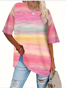 【Plus Size】 Tie Dye Print Drop Shoulder Tee, Casual Half Sleeve Round Neck T-shirt for Summer, Women's Plus Clothing for Daily Wear