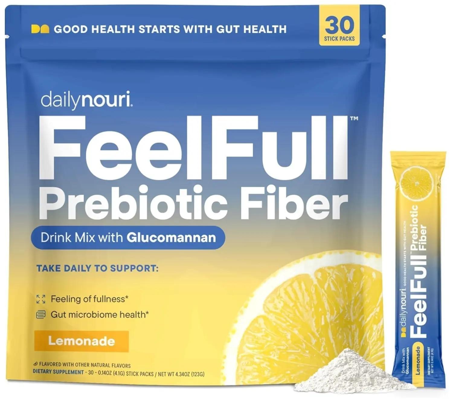 Daily Nouri Prebiotic Fiber Drink Mix Supplement - Glucomannan, Chromium for Digestive Health, Gut Health, Feeling Full (Stick Format)