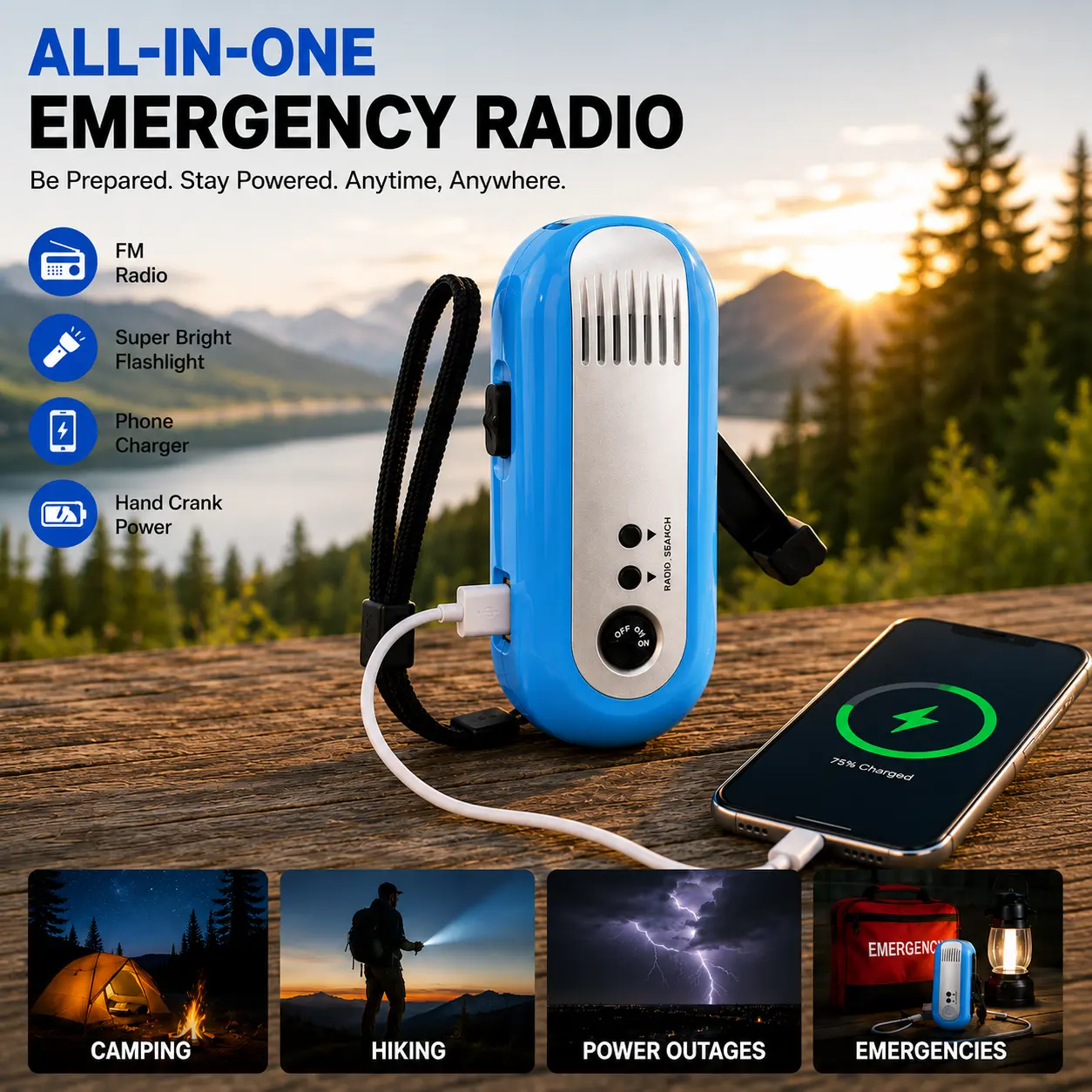 Emergency Radio Hand-crank charging Flashlight, USB charging, and radio listening—a rechargeable flashlight that can charge your phone