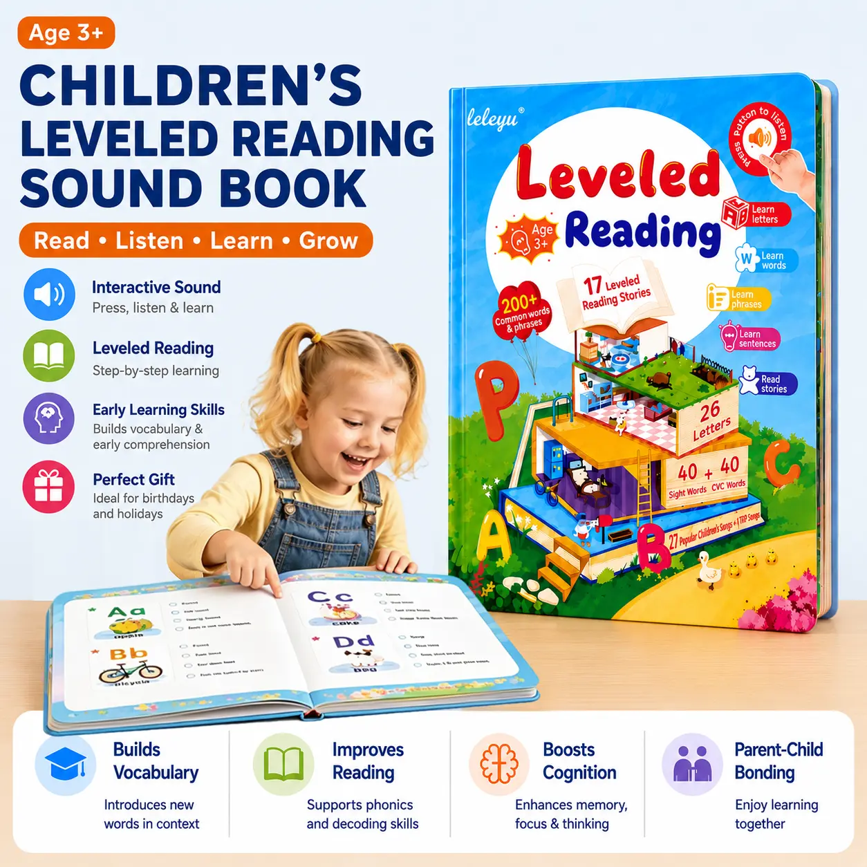 【Limited-Time 50% OFF】Kids' Leveled Reading Sound Book (Ages 3+), Educational Language Toy, Interactive Literacy Learning Tool for Skill-Building, Ideal Birthday Gift