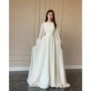 Fashion Elegant Lantern Sleeve O-Neck Sexy Large Swing Long Dress Lady Club Party Ball Gown White Pearl Yarn Wedding Dresses